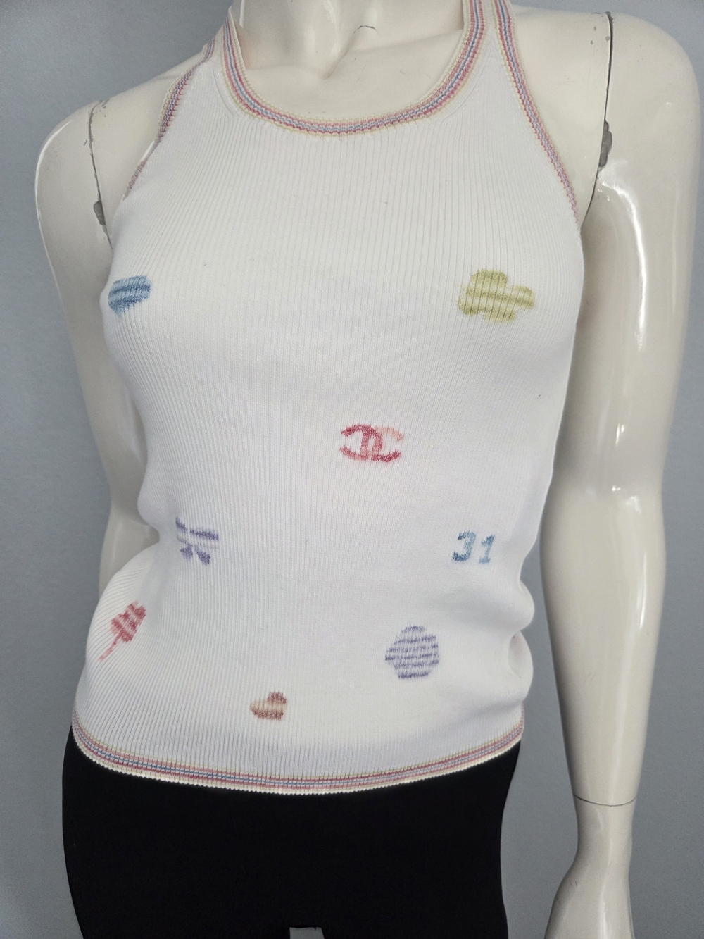 Chanel White Ribbed Logo Tank Top — Multicolor Motif